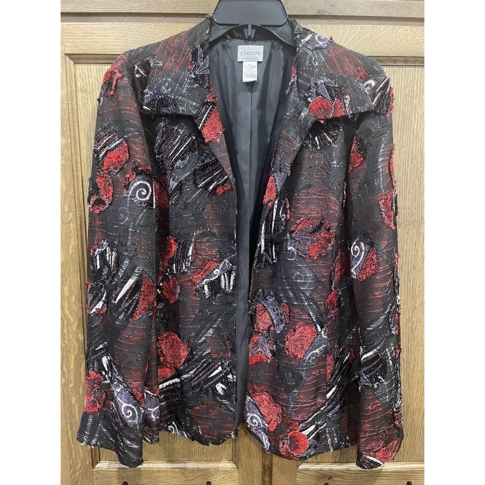 Chico's Jacket Sz 2 L AMAZING Art-to-Wear Patchwork Red Black Funky Statement